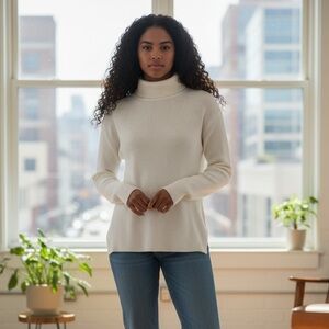 Lord & Taylor Retrology XL Ribbed Turtleneck Sweater Cream Zip Cuff NWT